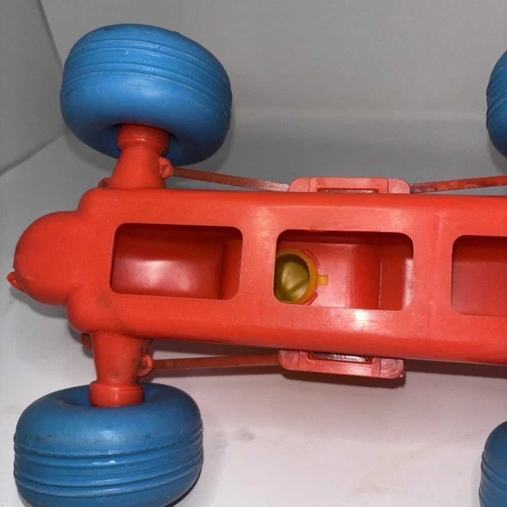 Vintage 1960s Plastic Pull Race Car Red Blue Yellow Driver Toy AS‎ IS